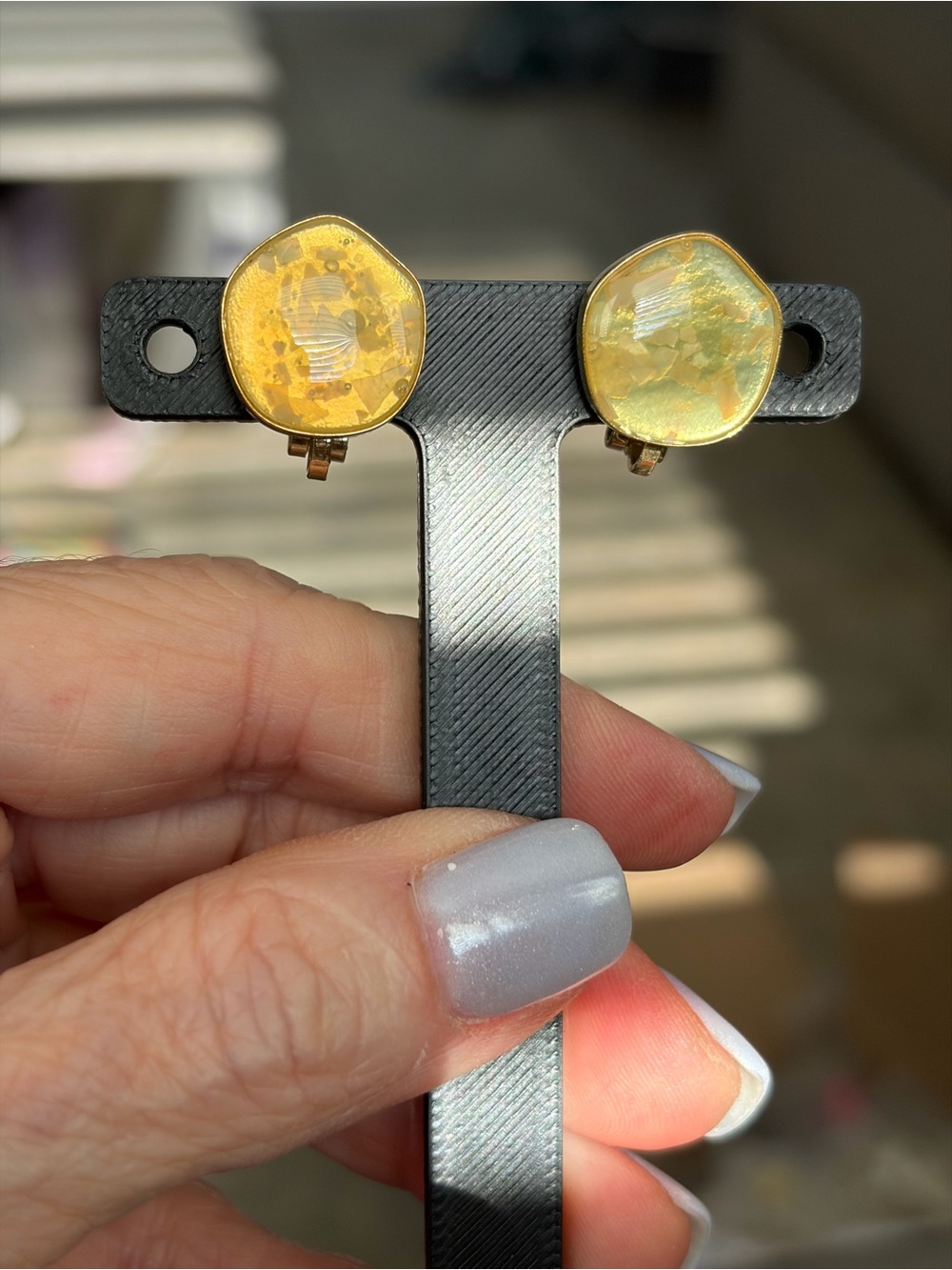 Gold Tone Iridescent Mosaic Clip-On Earrings